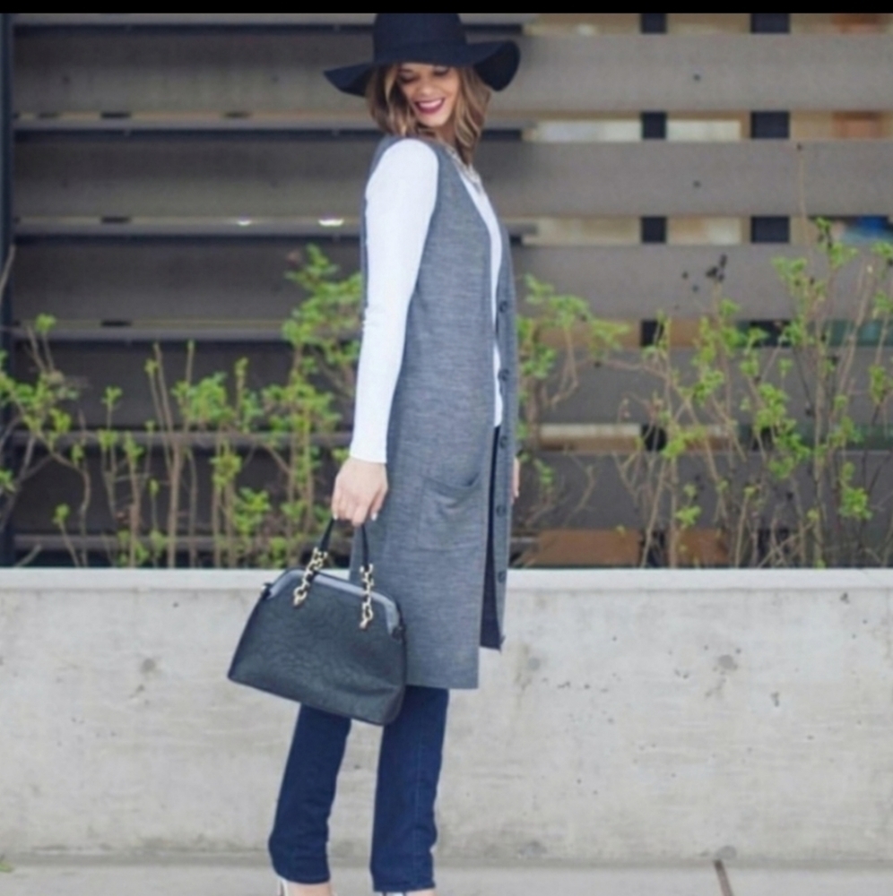 Halogen Gray Long Merino Wool Blend Vest Duster Size M/LG